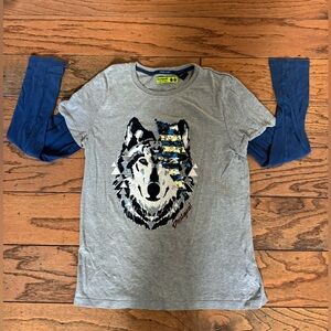 Desigual  Boys Gray Blue Sequins Wolf Size 13-14 Long Sleeve Top Shirt